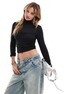 Brave Soul Long Sleeve High Neck Top With Ruching Detail In Black For Women