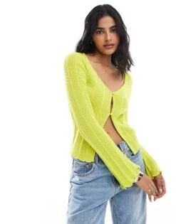 Brave Soul Rib Cardigan In Lime Green For Women