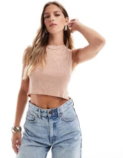 Deals Modezzle Store 30 Brave Soul Knitted Crop Rib Vest With Racer Back Detail In Beige For Women