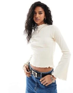 Brave Soul Long Sleeve High Neck Top With Lettuce Hem In Cream For Women -Deals Modezzle Store 206886269 1 cream 1