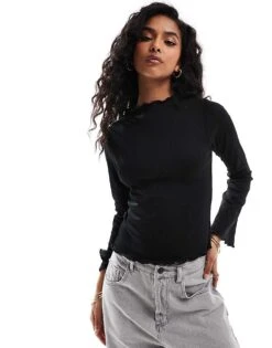 Brave Soul Long Sleeve High Neck Top With Lettuce Hem In Black For Women