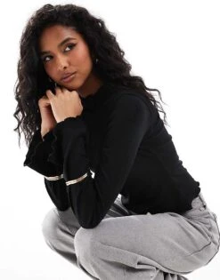 Brave Soul Long Sleeve High Neck Top With Lettuce Hem In Black For Women -Deals Modezzle Store 206886326 3