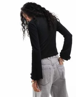 Brave Soul Long Sleeve High Neck Top With Lettuce Hem In Black For Women -Deals Modezzle Store 206886326 4