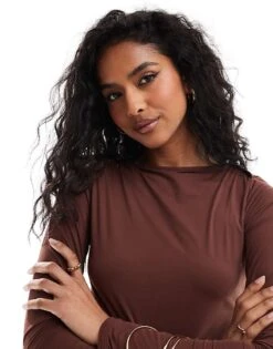Brave Soul Long Sleeve Slinky Top In Chocolate Brown For Women