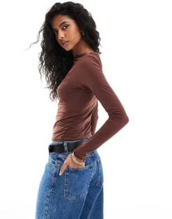 Brave Soul Long Sleeve Slinky Top In Chocolate Brown For Women -Deals Modezzle Store 206886352 3