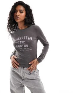 Brave Soul Long Sleeve T-shirt In Charcoal Grey With Print For Women -Deals Modezzle Store 206886359 1 grey 1