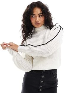 Brave Soul Knitted Drop Shoulder High Neck Jumper In Ivory With Contrast Black Seam Detail For Women -Deals Modezzle Store 206915807 1 ivory 1