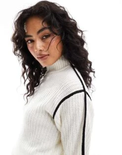 Brave Soul Knitted Drop Shoulder High Neck Jumper In Ivory With Contrast Black Seam Detail For Women -Deals Modezzle Store 206915807 3