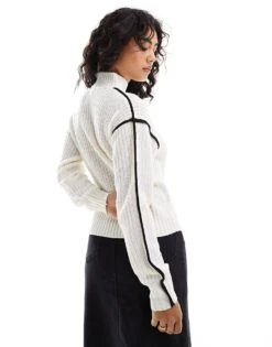 Brave Soul Knitted Drop Shoulder High Neck Jumper In Ivory With Contrast Black Seam Detail For Women -Deals Modezzle Store 206915807 4