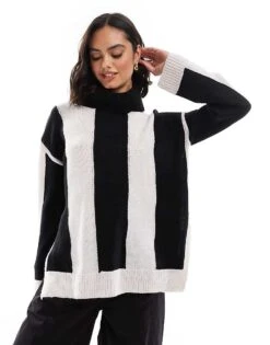 Brave Soul Knitted Roll Neck Jumper In Black And Cream Stripe For Women