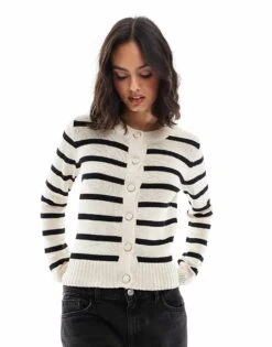 Brave Soul Crew Neck Stripe Jersey Knitted Cardigan With Gold Buttons For Women White -Deals Modezzle Store 206915832 1 white 1