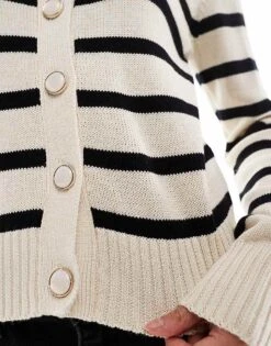 Brave Soul Crew Neck Stripe Jersey Knitted Cardigan With Gold Buttons For Women White -Deals Modezzle Store 206915832 3