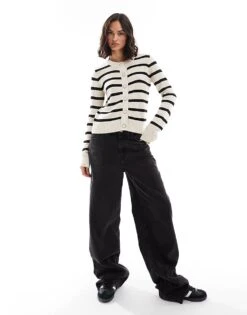 Brave Soul Crew Neck Stripe Jersey Knitted Cardigan With Gold Buttons For Women White -Deals Modezzle Store 206915832 4