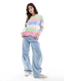 Brave Soul Fluffy Knitted Jumper In Multi Stripe For Women -Deals Modezzle Store 206915834 3