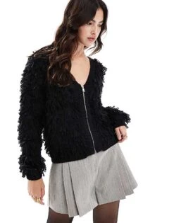 Brave Soul Loopy Knit Zip Through Cardigan In Black For Women