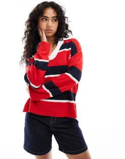 Deals Modezzle Store 15 Brave Soul Knitted Stripe Polo Shirt With Contrast Collar In Red For Women