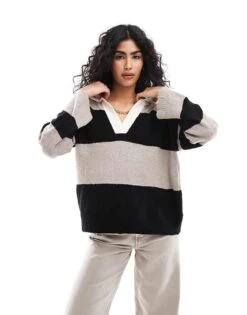 Brave Soul Knitted Stripe Polo Jumper With Contrast Stripe Collar In Black And Tan For Women