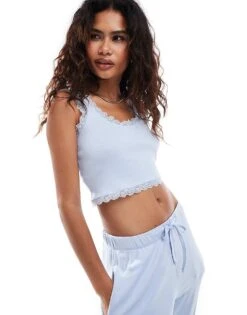 Brave Soul Ribbed Lace Trim Pyjama Set In Light Blue For Women 8 Brave Soul Ribbed Lace Trim Pyjama Set In Light Blue For Women -Deals Modezzle Store 206920680 2