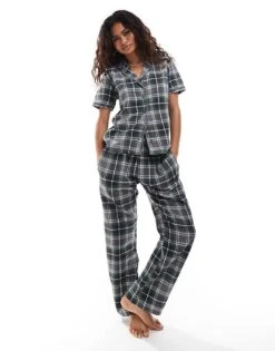 Brave Soul Short Sleeve Shirt And Wide Leg Trouser Pyjama Set In Grey Check For Women Grey/multi Check