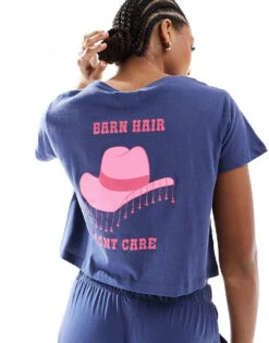 Brave Soul Pyjama Set In Navy With Pink Cowgirl Print For Women