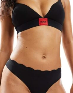 Brave Soul Jersey Scalloped Detail Microfiber Thong In Black For Women