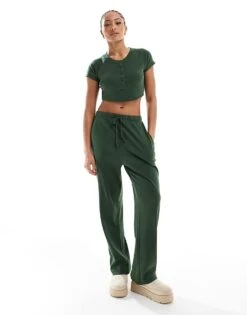 Brave Soul Ribbed Cropped T-shirt And Wide Leg Trouser Lounge Set In Khaki For Women
