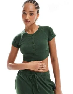 Brave Soul Ribbed Cropped T-shirt And Wide Leg Trouser Lounge Set In Khaki For Women -Deals Modezzle Store 206920808 4