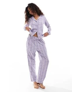 Brave Soul Check Longsleeve Shirt And Wide Leg Trouser Pyjama Set In Lilac For Women