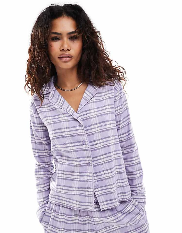 Brave Soul Check Longsleeve Shirt And Wide Leg Trouser Pyjama Set In Lilac For Women 5 Brave Soul Check Longsleeve Shirt And Wide Leg Trouser Pyjama Set In Lilac For Women - Image 3