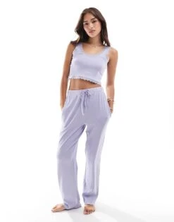Brave Soul Ribbed Cropped Vest With Lace Trim And Wide Leg Trouser Set In Lilac For Women