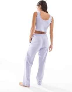 Brave Soul Ribbed Cropped Vest With Lace Trim And Wide Leg Trouser Set In Lilac For Women -Deals Modezzle Store 206920848 4