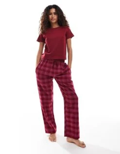 Brave Soul Jersey T-shirt And Wide Leg Check Trouser Pyjama Set In Red For Women