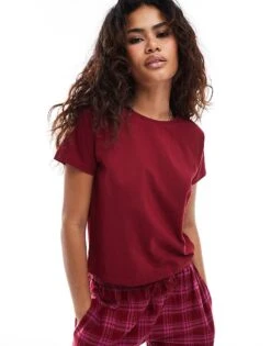 Brave Soul Jersey T-shirt And Wide Leg Check Trouser Pyjama Set In Red For Women -Deals Modezzle Store 206920899 2