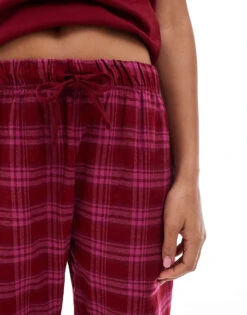 Brave Soul Jersey T-shirt And Wide Leg Check Trouser Pyjama Set In Red For Women -Deals Modezzle Store 206920899 3