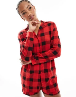 Brave Soul Long Sleeve Red And Black Check Shirt And Shorts Lounge Set For Women -Deals Modezzle Store 206920900 4