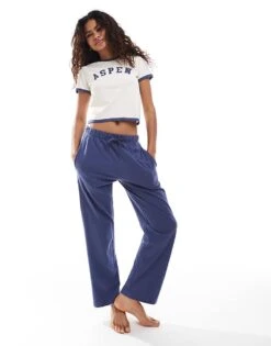 Brave Soul Printed Cropped T-shirt And Trouser Pyjama Set In Ecru And Navy For Women -Deals Modezzle Store 206920913 1 ecru 1