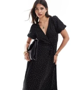 Brave Soul Wrap Midi Dress In Black And White Polka Dot Print For Women