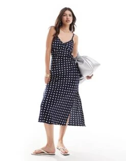Brave Soul Satin Slip Dress In Navy Polka Dot Print For Women