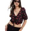 Brave Soul Puff Sleeve Floral Printed Crop Top With Tie Front Detail In Black For Women -Deals Modezzle Store 206940707 1 black
