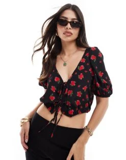 Brave Soul Puff Sleeve Floral Printed Crop Top With Tie Front Detail In Black For Women