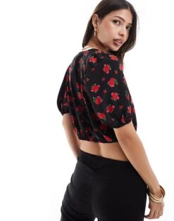 Brave Soul Puff Sleeve Floral Printed Crop Top With Tie Front Detail In Black For Women -Deals Modezzle Store 206940707 3