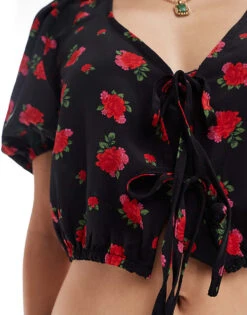 Brave Soul Puff Sleeve Floral Printed Crop Top With Tie Front Detail In Black For Women -Deals Modezzle Store 206940707 4