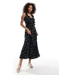 Brave Soul Floral Maxi Dress With Tie Strap Detail In Black For Women