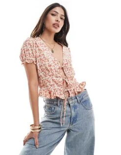 Brave Soul Puff Sleeve Tie Front Floral Top In Pink For Women -Deals Modezzle Store 206940755 1 pink 1