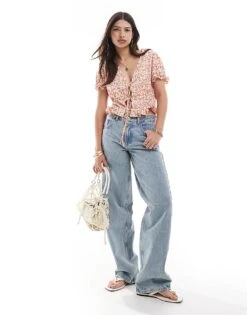 Brave Soul Puff Sleeve Tie Front Floral Top In Pink For Women -Deals Modezzle Store 206940755 3