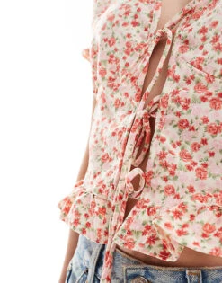 Brave Soul Puff Sleeve Tie Front Floral Top In Pink For Women -Deals Modezzle Store 206940755 4