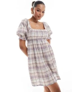 Brave Soul Short Puff Sleeve Mini Dress In Check Print For Women Yellow -Deals Modezzle Store 206940790 3