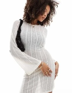 Brave Soul Long Sleeve Mesh Knitted Dress In Off White For Women