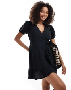 Brave Soul Puff Sleeve Wrap Dress In Black For Women -Deals Modezzle Store 206940831 2
