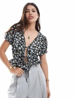 Brave Soul Puff Sleeve Tie Front Floral Top In Black For Women -Deals Modezzle Store 206940859 1 black 1